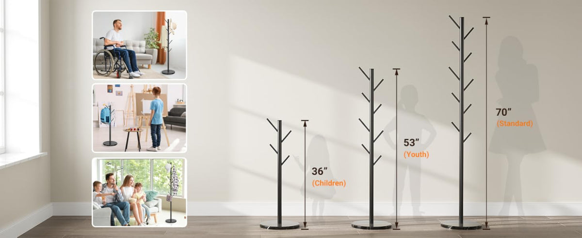 Coat Rack Freestanding with Natural Marble Base, Metal Coat Rack Stand with 10 Hooks, 3 Adjustable Size Coat Tree for Bags, Clothes, and Hats for Entryway, Bedroom, Hallway, Office, Black